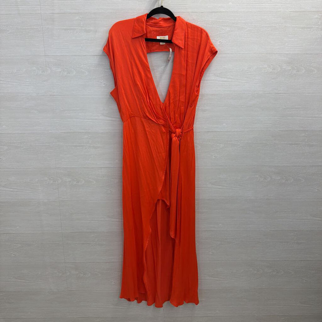 Maeve Coral Silky Key Hole Back Wrap Dress Large