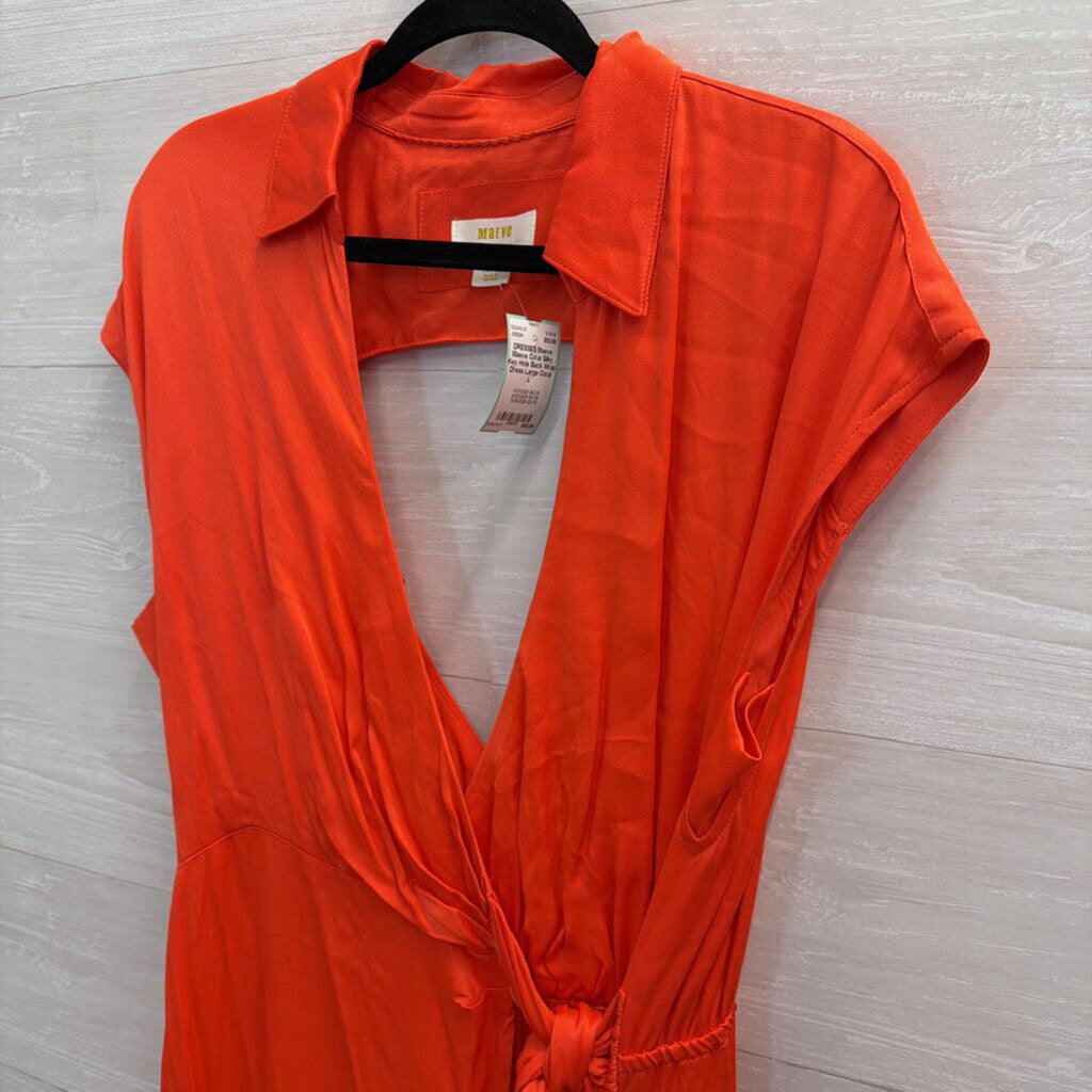 Maeve Coral Silky Key Hole Back Wrap Dress Large