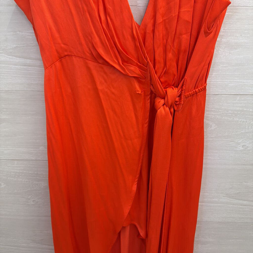 Maeve Coral Silky Key Hole Back Wrap Dress Large
