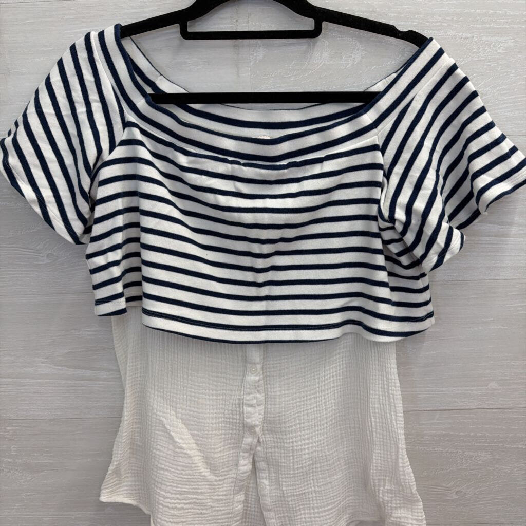 Anthropologie Navy/ White Striped Off Shoulder Layered Top Medium