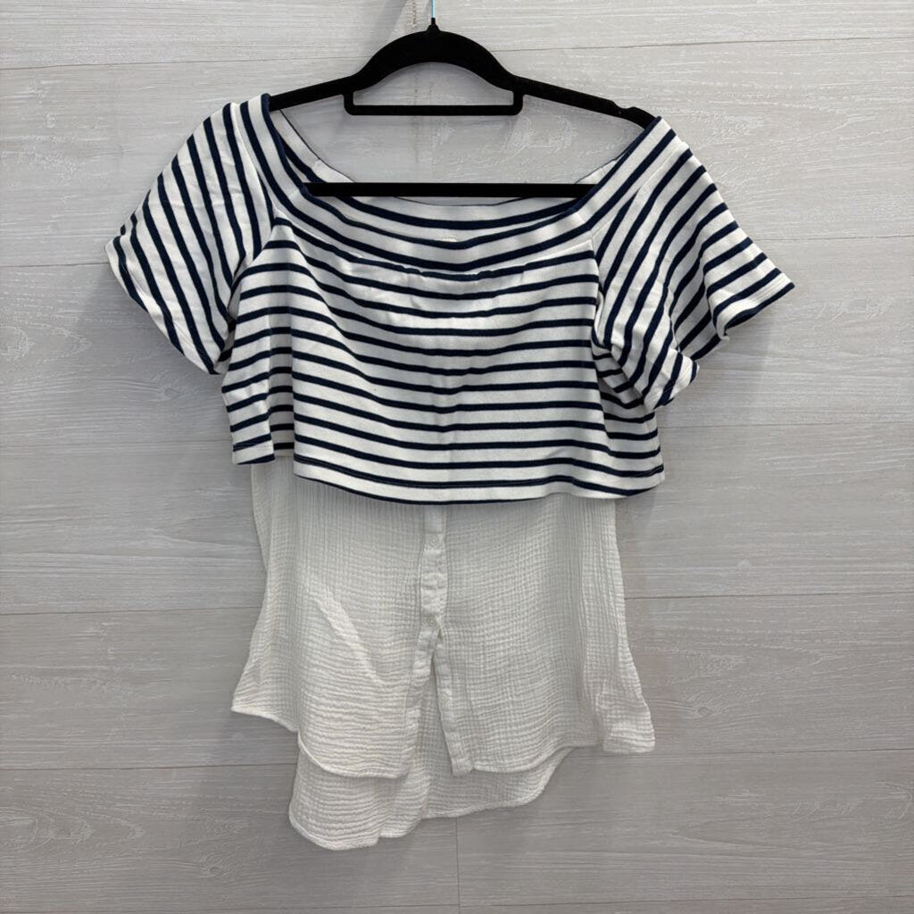 Anthropologie Navy/ White Striped Off Shoulder Layered Top Medium