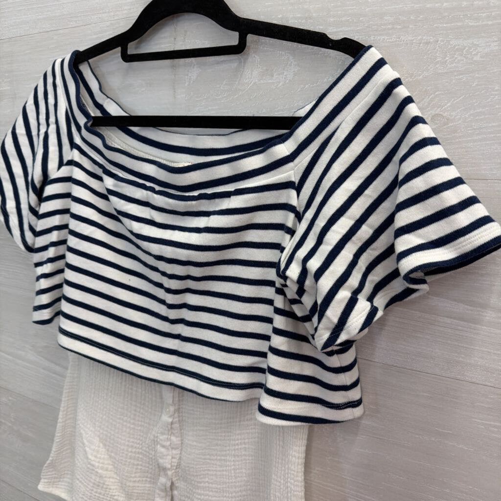 Anthropologie Navy/ White Striped Off Shoulder Layered Top Medium