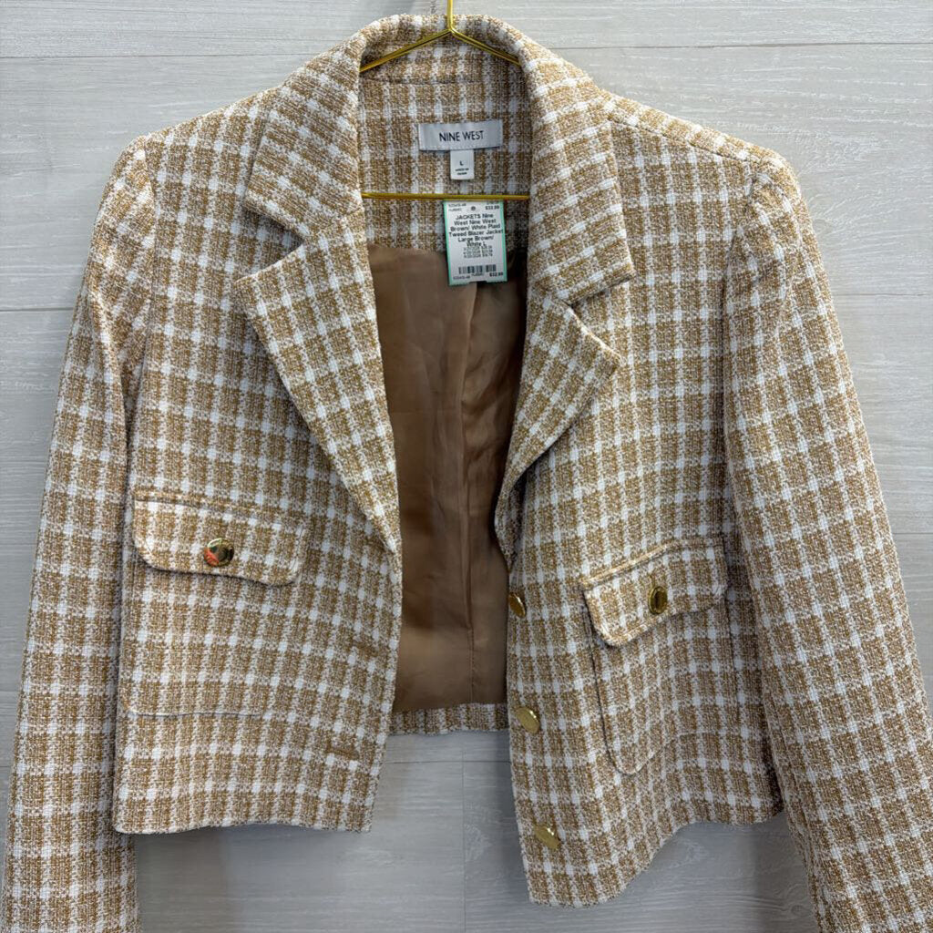 Nine West Brown/ White Plaid Tweed Blazer Jacket Large