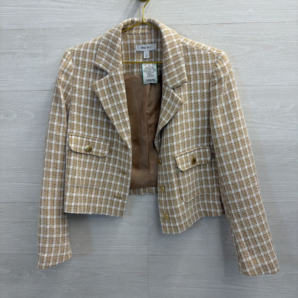 Nine West Brown/ White Plaid Tweed Blazer Jacket Large