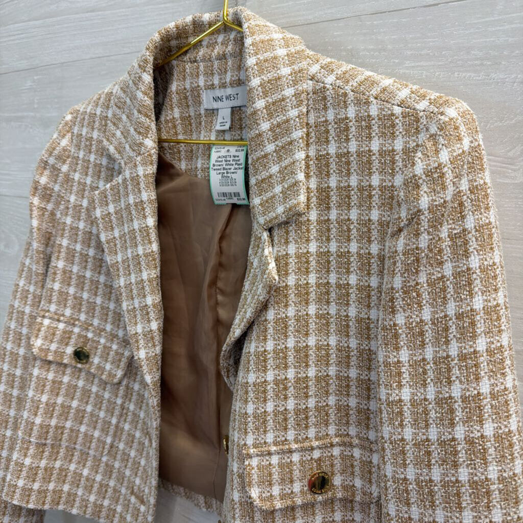Nine West Brown/ White Plaid Tweed Blazer Jacket Large