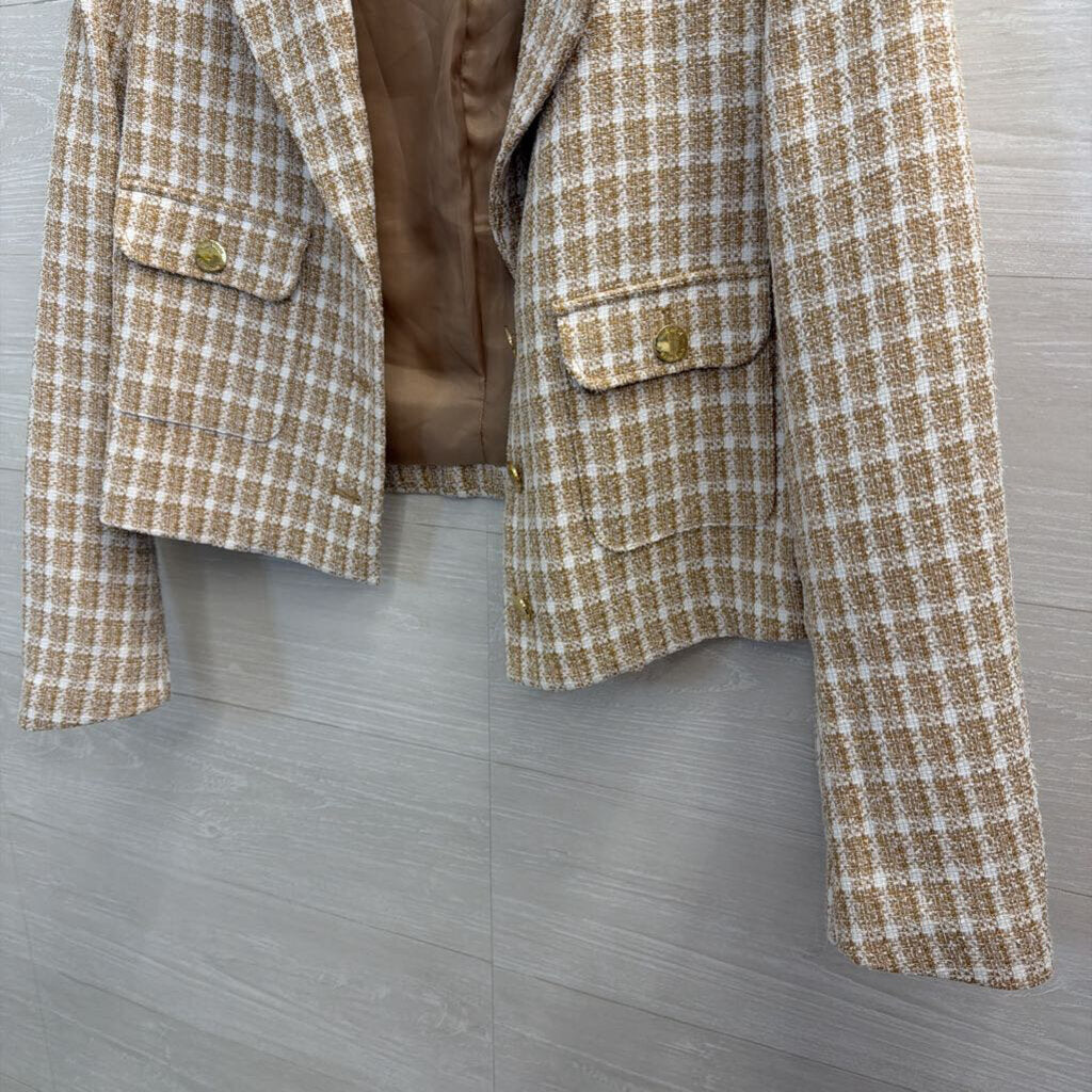 Nine West Brown/ White Plaid Tweed Blazer Jacket Large