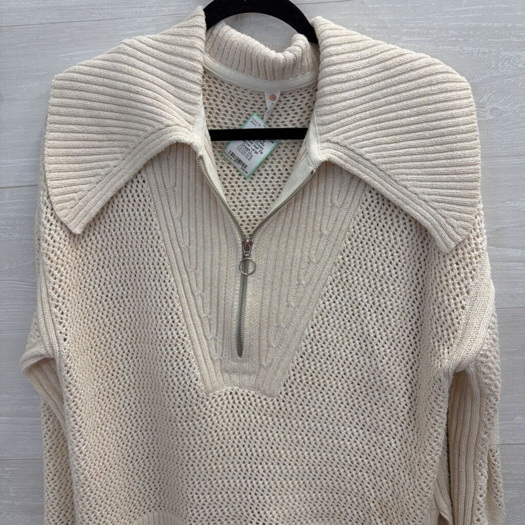 Daily Practice Cream Open Knit Half Zip Pullover Large