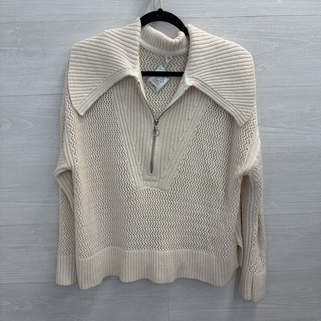 Daily Practice Cream Open Knit Half Zip Pullover Large