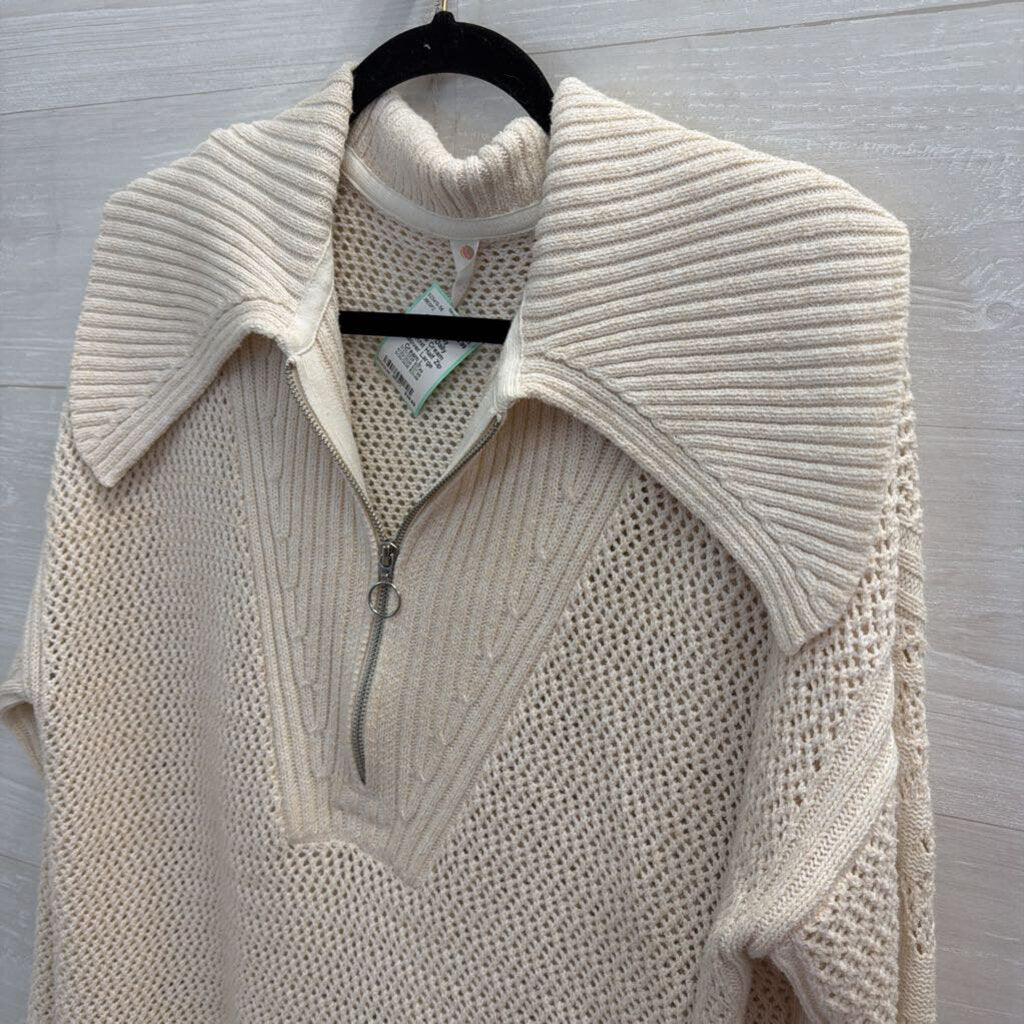 Daily Practice Cream Open Knit Half Zip Pullover Large