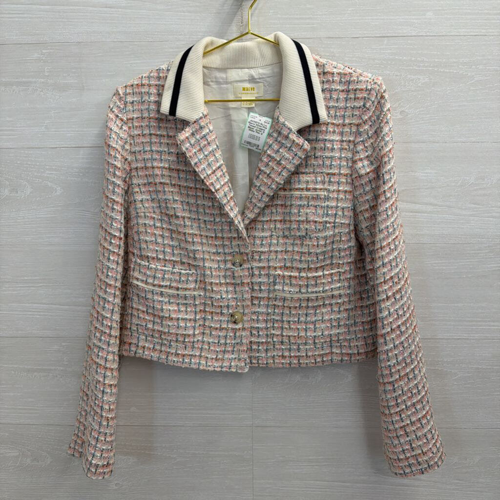 Maeve White/ Pink Tweed Cropped Blazer Jacket 12