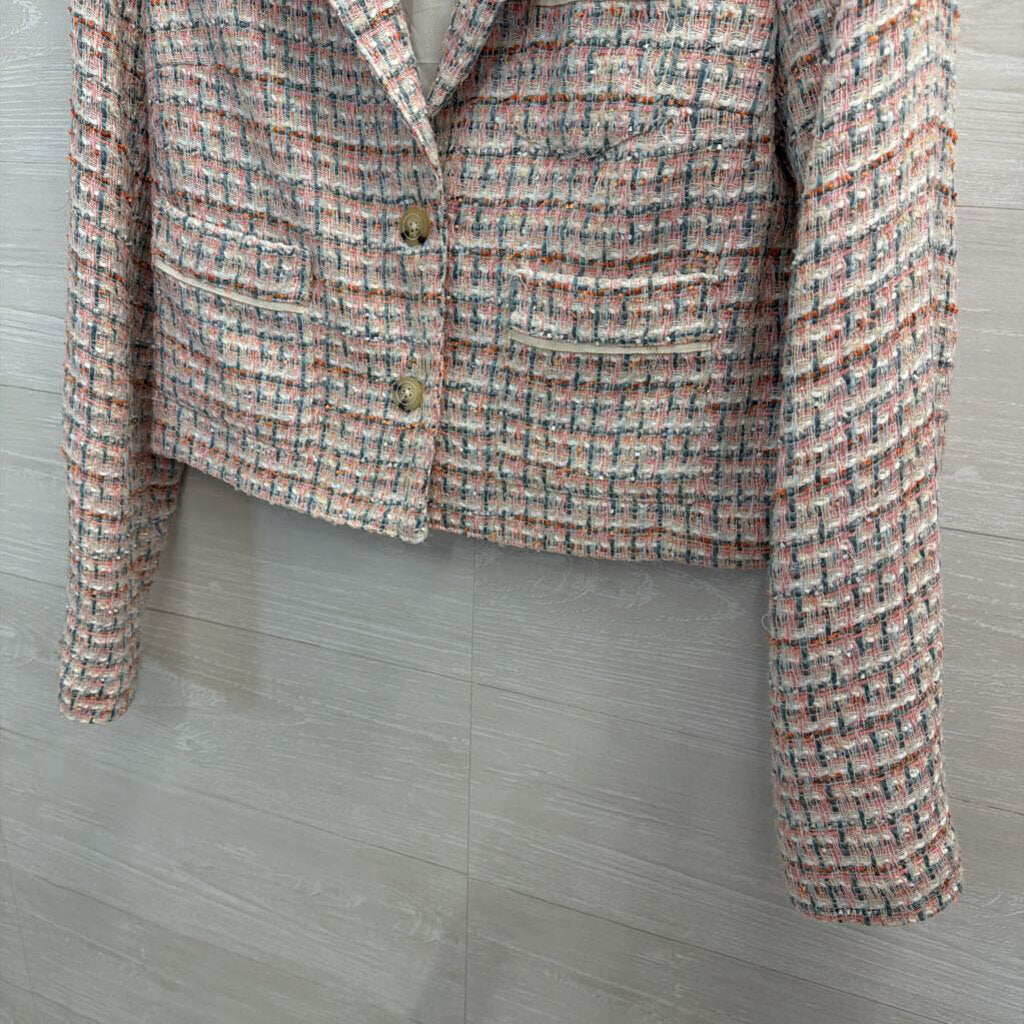 Maeve White/ Pink Tweed Cropped Blazer Jacket 12