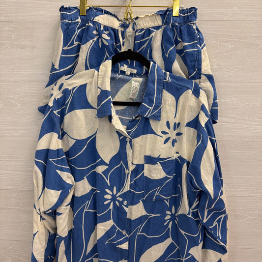 Z Supply White/ Blue Floral Linen Blend Long Sleeve Button Top/ Shorts Set Large