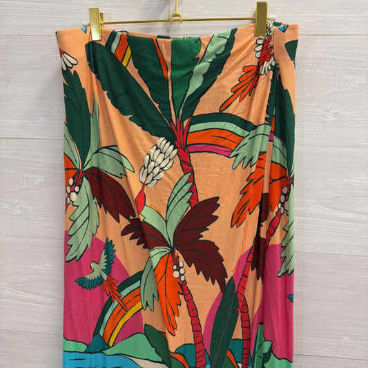 Farm Rio Orange/ Multi Tropical Print Wrap Midi Skirt Large