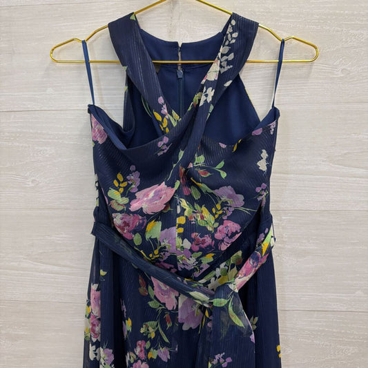Talbots Navy/ Multi Floral Print Tie Waist Cross Neck Maxi Dress 10