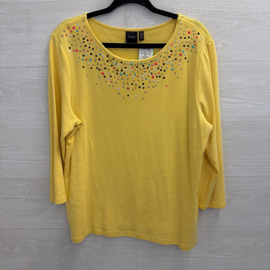 Rafaella Yellow/ Multi Color Studded Long Sleeve Top XXL