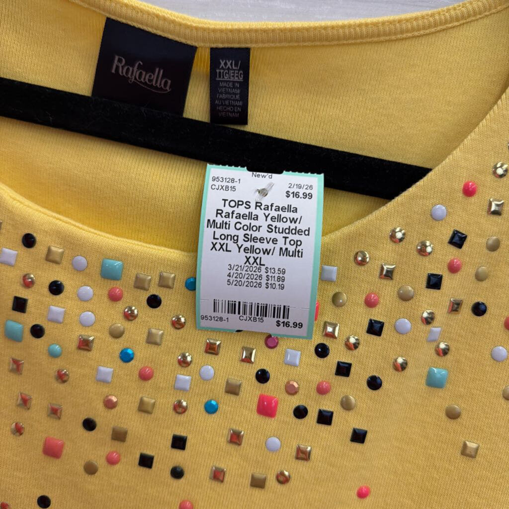 Rafaella Yellow/ Multi Color Studded Long Sleeve Top XXL