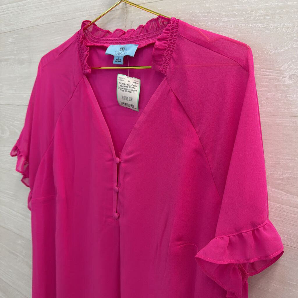 CeCe Hot Pink Ruffle Detail Short Sleeve Top 1X