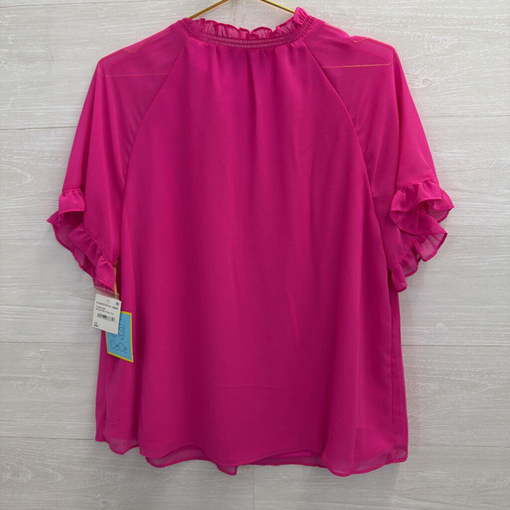 CeCe Hot Pink Ruffle Detail Short Sleeve Top 1X