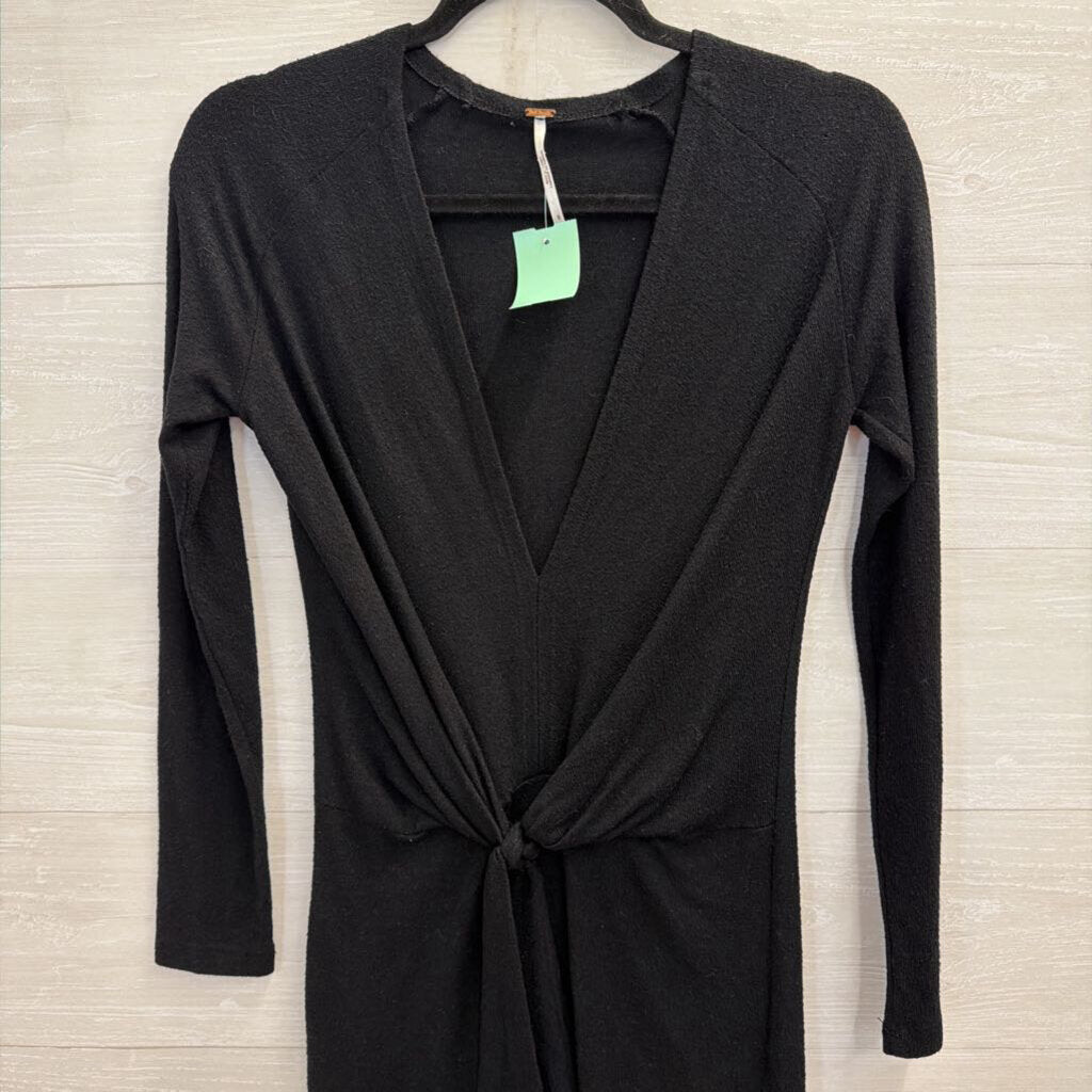 Free People Black Knit V Neck Knot Front Long Sleeve Mini Dress Small