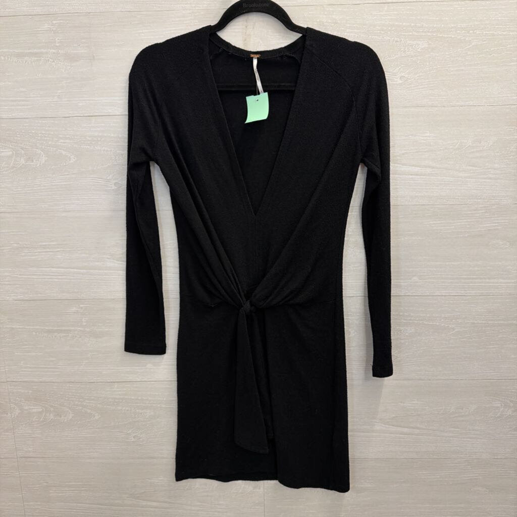 Free People Black Knit V Neck Knot Front Long Sleeve Mini Dress Small