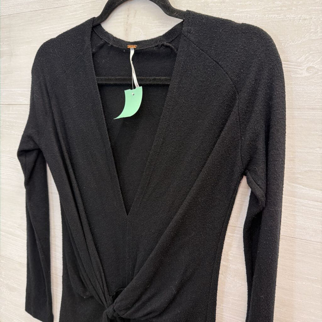 Free People Black Knit V Neck Knot Front Long Sleeve Mini Dress Small