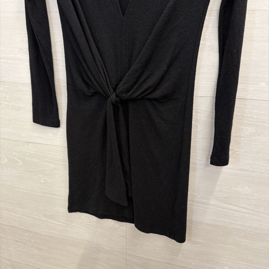 Free People Black Knit V Neck Knot Front Long Sleeve Mini Dress Small