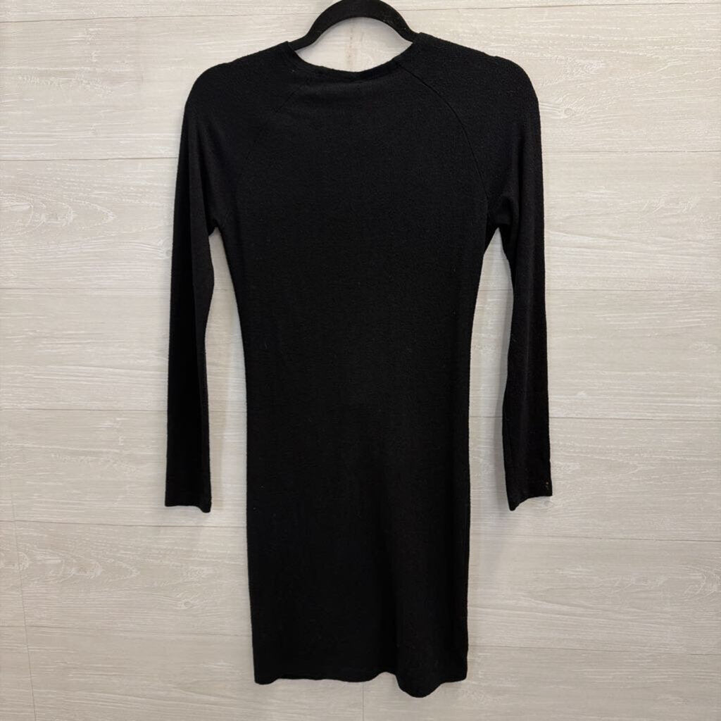 Free People Black Knit V Neck Knot Front Long Sleeve Mini Dress Small