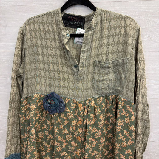 Andys Summer Blue/ Multi Patchwork Print Long Sleeve Babydoll Tunic Top Medium