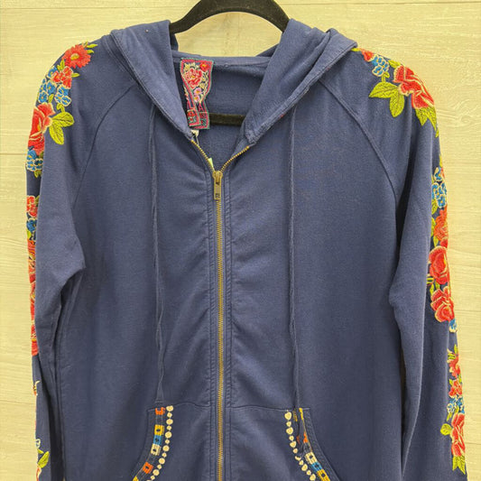 JW LA Johnny Was Navy/ Multi Embroidered Floral Long Sleeve Zip Up Hoodie Medium