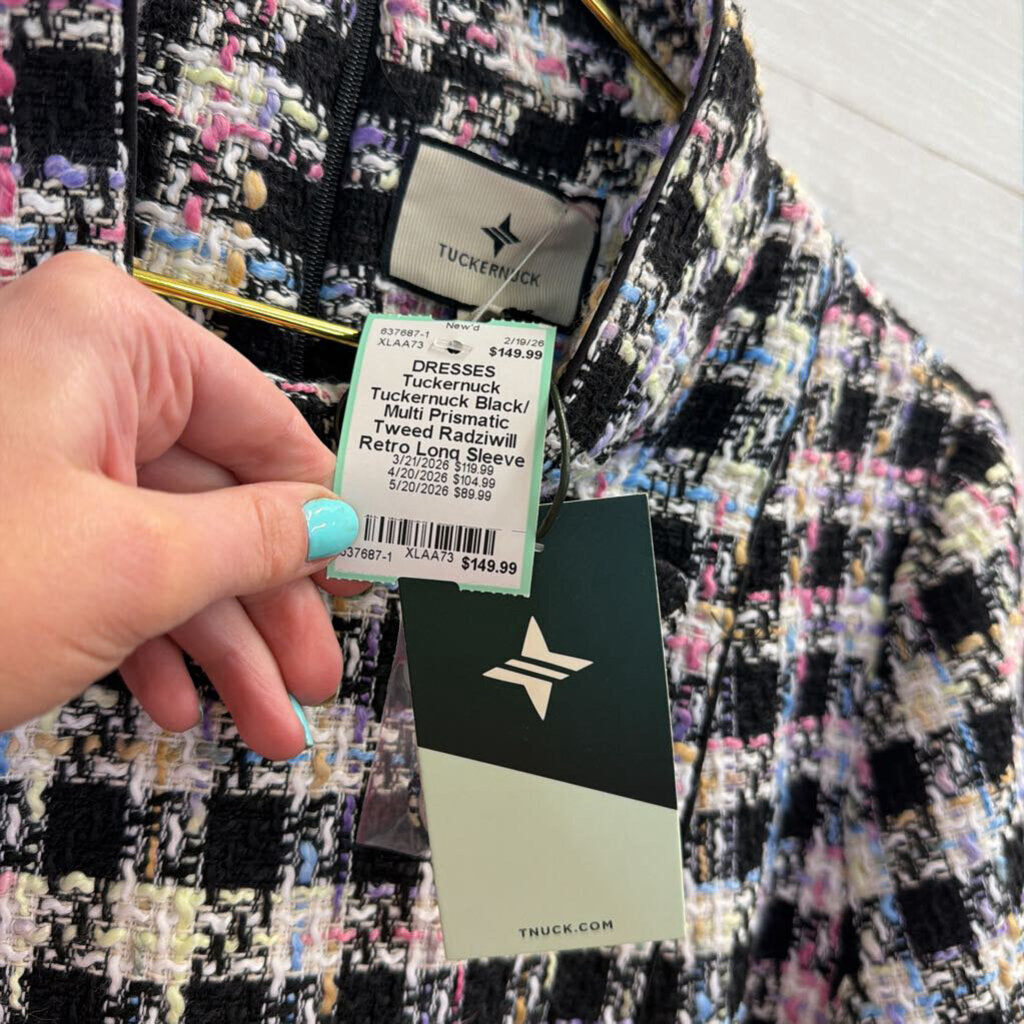 Tuckernuck Black/ Multi Prismatic Tweed Radziwill Retro Long Sleeve Mini Dress Extra Large