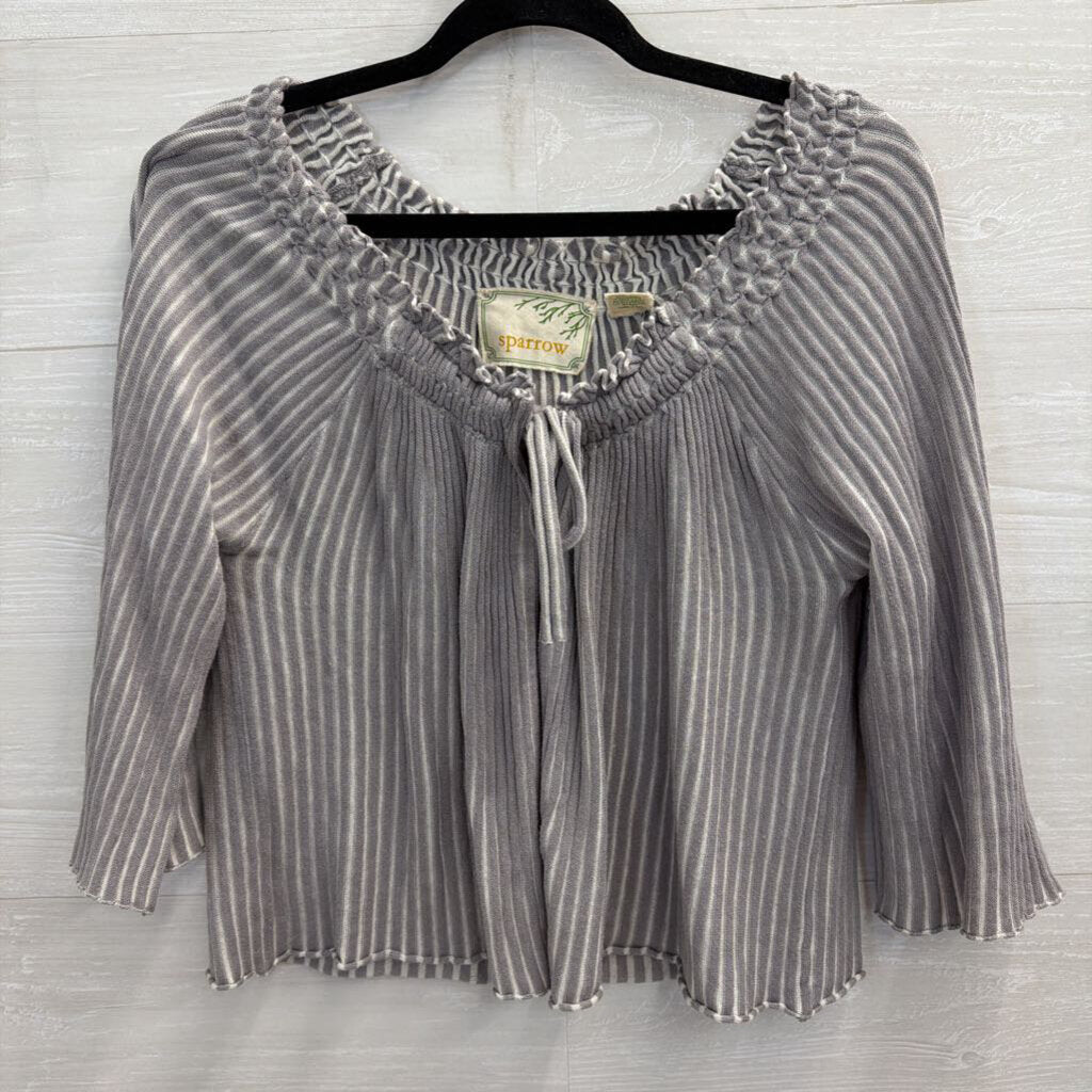 Sparrow Grey/ Cream Ribbed Tie Front Long Sleeve Top Large