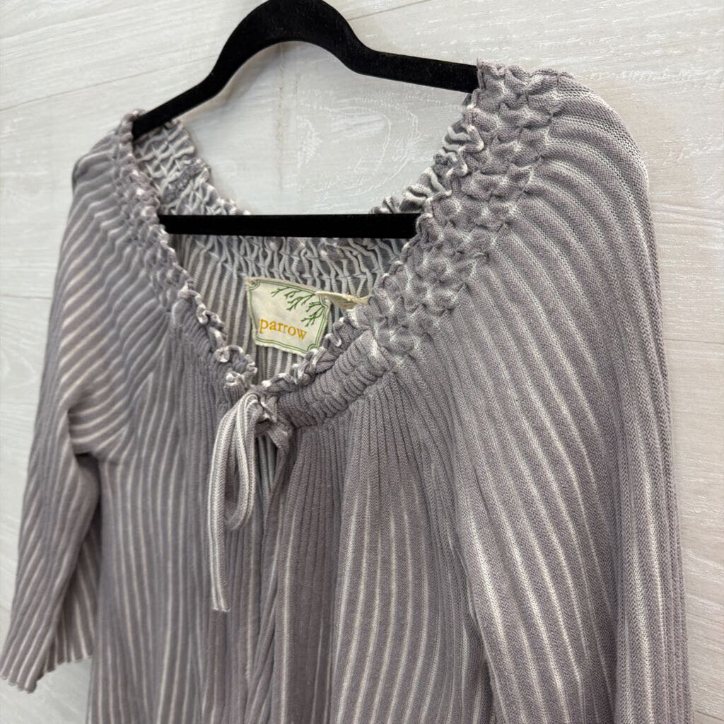 Sparrow Grey/ Cream Ribbed Tie Front Long Sleeve Top Large