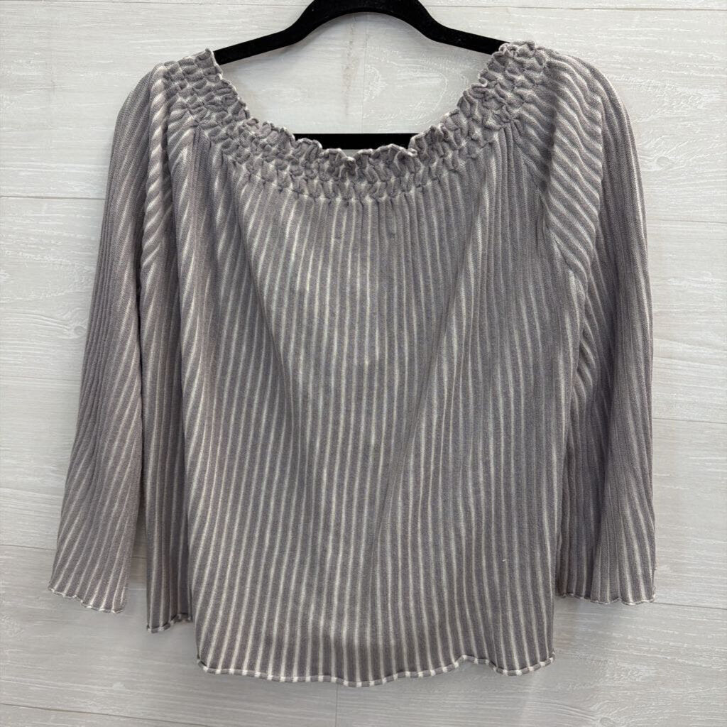 Sparrow Grey/ Cream Ribbed Tie Front Long Sleeve Top Large