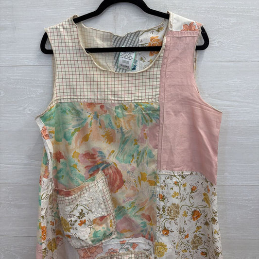 White/ Multi Patchwork Ruffle Hem Tunic Tank Top Large