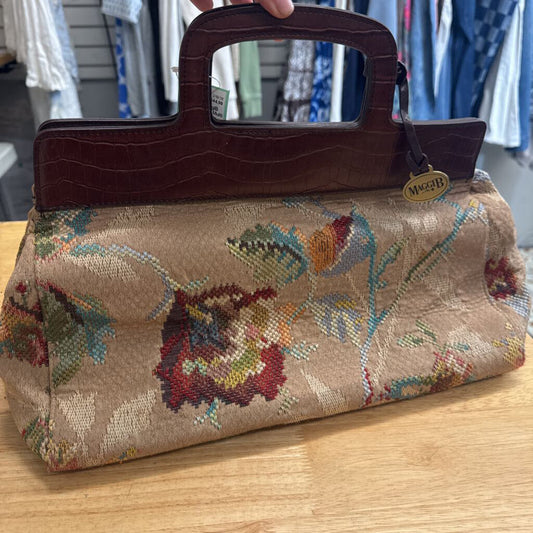 MaggiB Brown/ Multi Floral Tapestry Brown Crocodile Leather Handle Purse