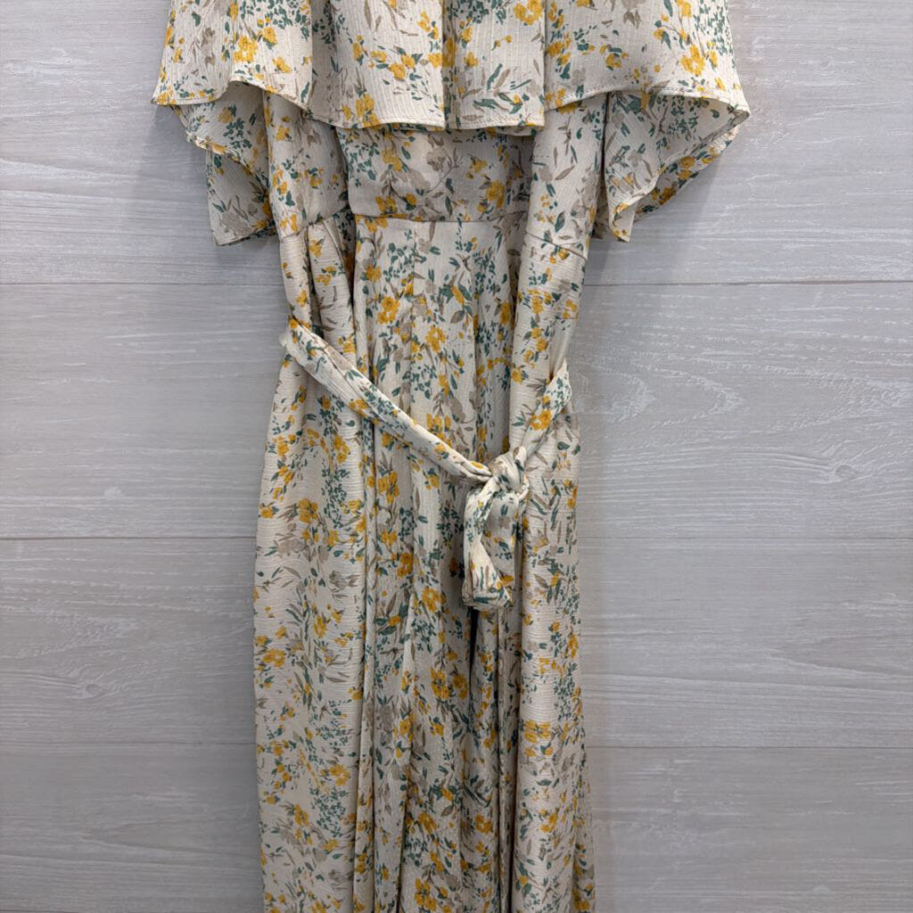 Bishop and Young Cream/ Yellow Flower Print High Neck Maxi Dress Medium Anthropologie