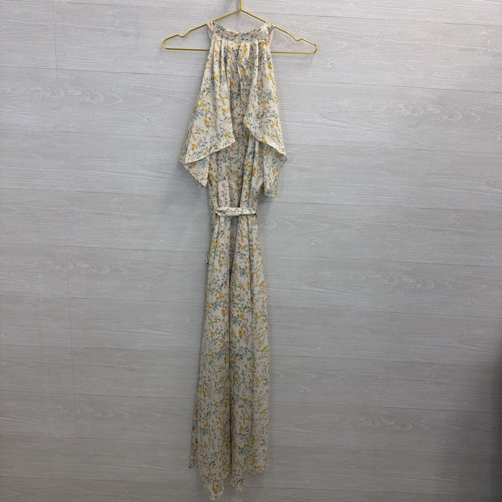 Bishop and Young Cream/ Yellow Flower Print High Neck Maxi Dress Medium Anthropologie