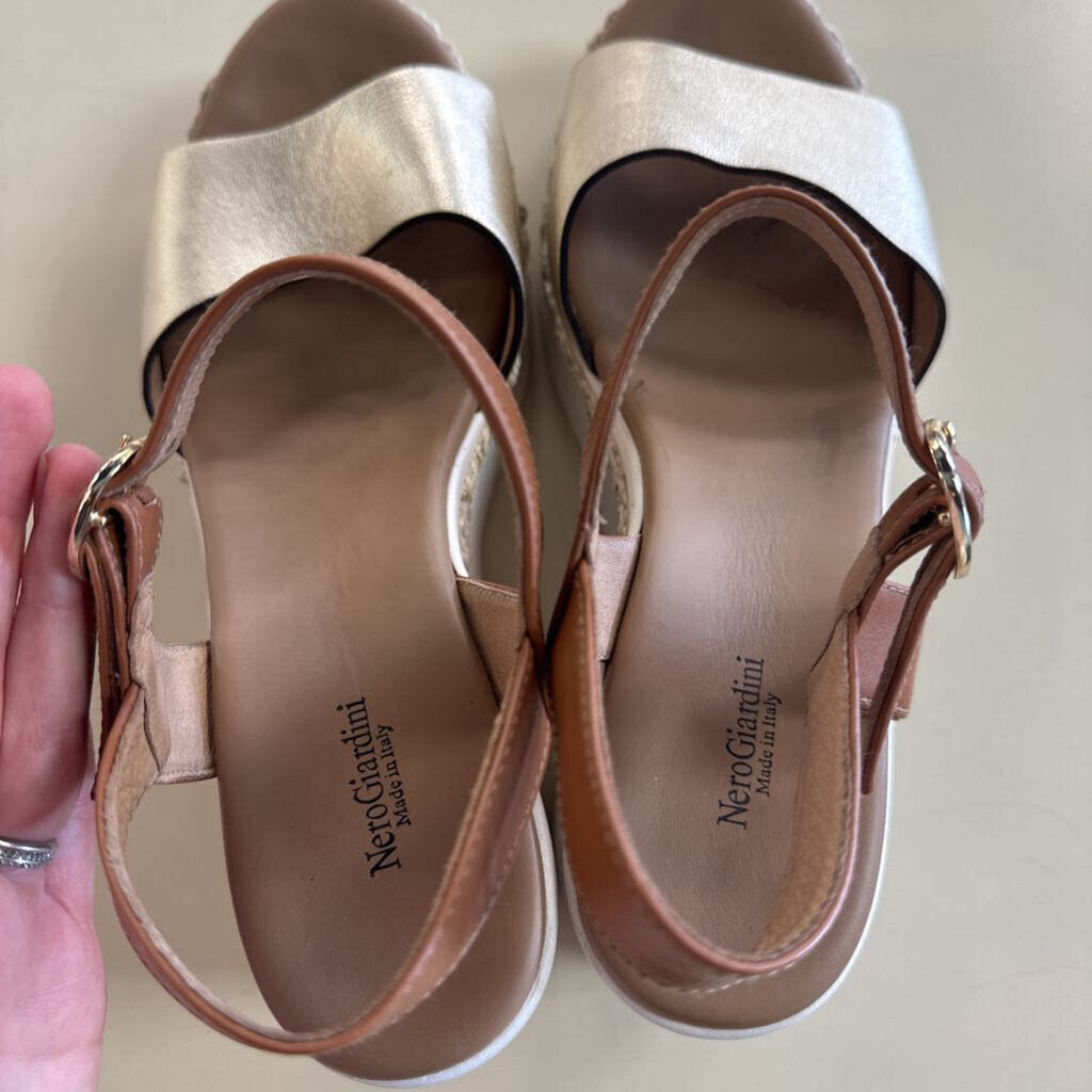 Nero Giardini Gold/ Brown Platform Wedge Sandals 40