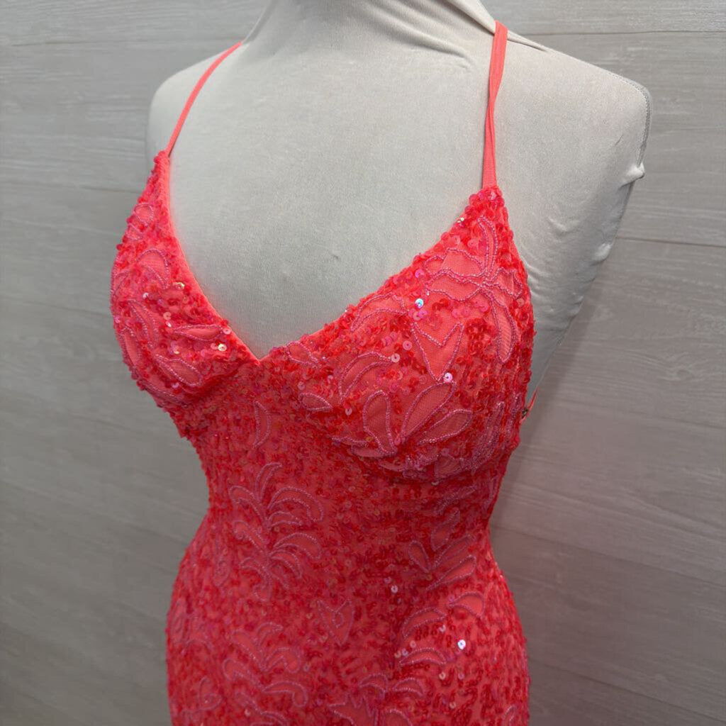 Chandalier Coral Pink Beaded Sequin Long Formal Dress 2