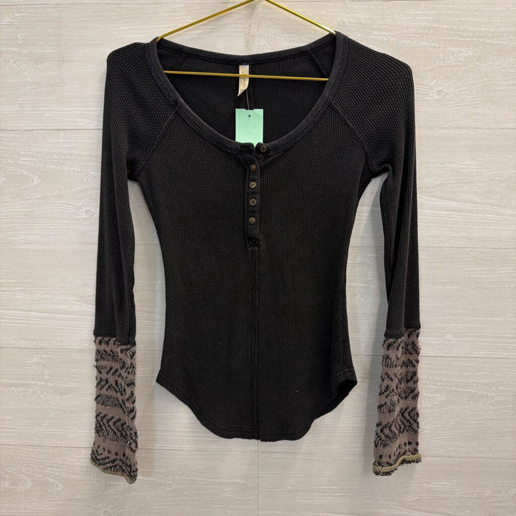 Free People Black Textured Long Sleeve Top Extra Small