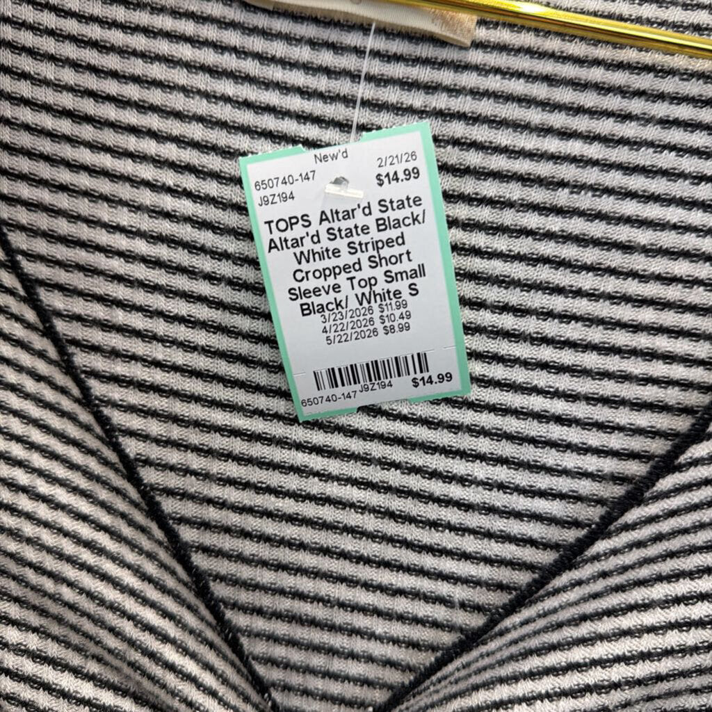 Altar'd State Black/ White Striped Cropped Short Sleeve Top Small