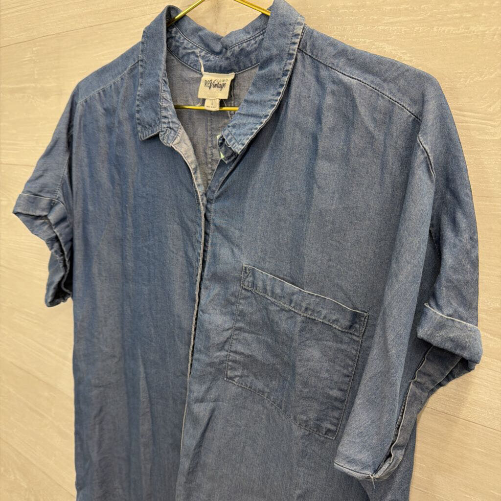 Como ReVintage Blue Chambray Short Sleeve Button Down Top Large