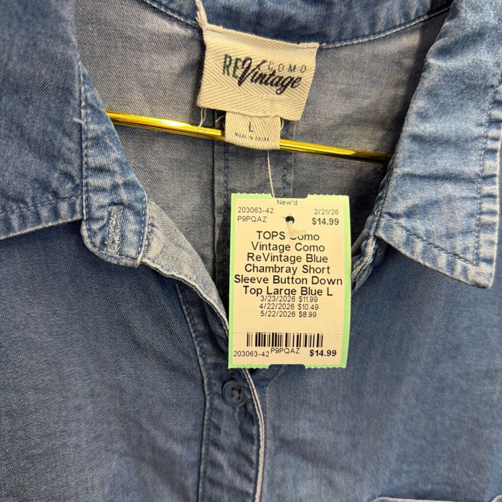 Como ReVintage Blue Chambray Short Sleeve Button Down Top Large