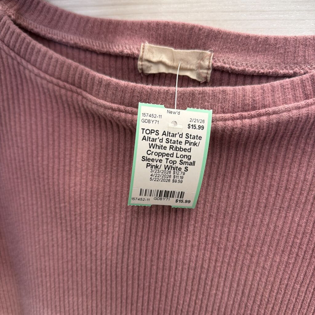 Altar'd State Pink/ White Ribbed Cropped Long Sleeve Top Small