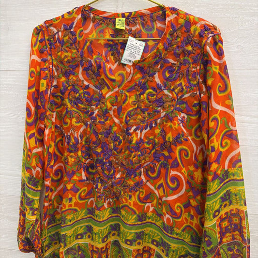 Raj Orange/ Multi Print Embroidered Long Sleeve Tunic Top Extra Large