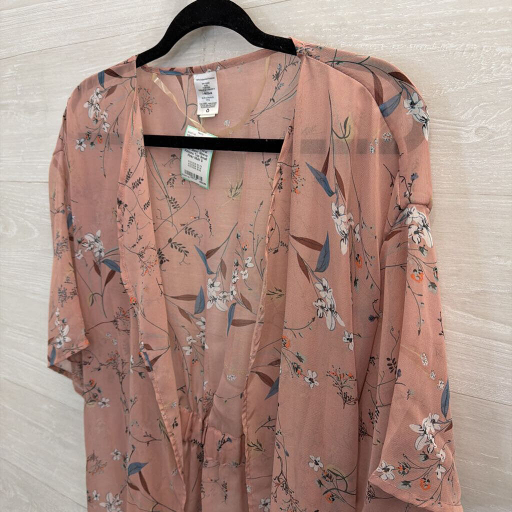 Pink/ Multi Floral Print Short Sleeve Kimono Top Small