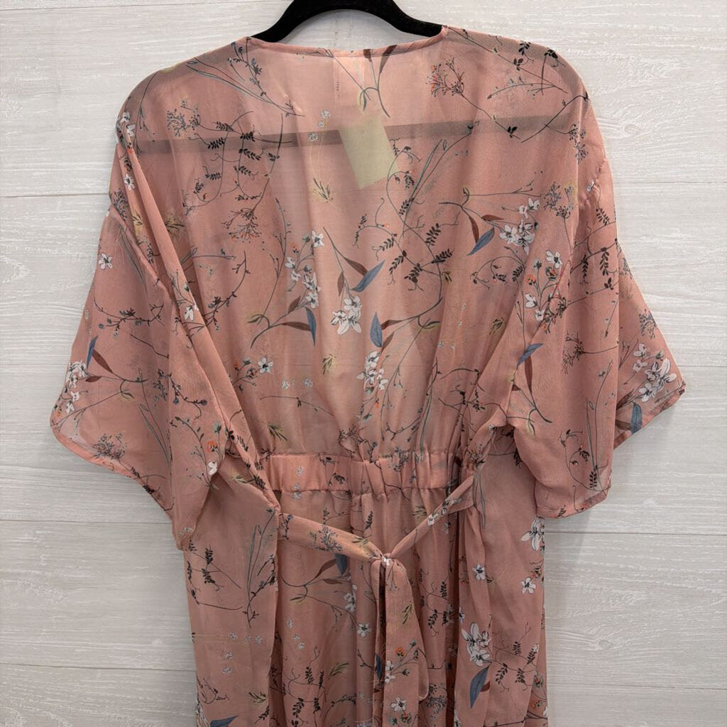 Pink/ Multi Floral Print Short Sleeve Kimono Top Small