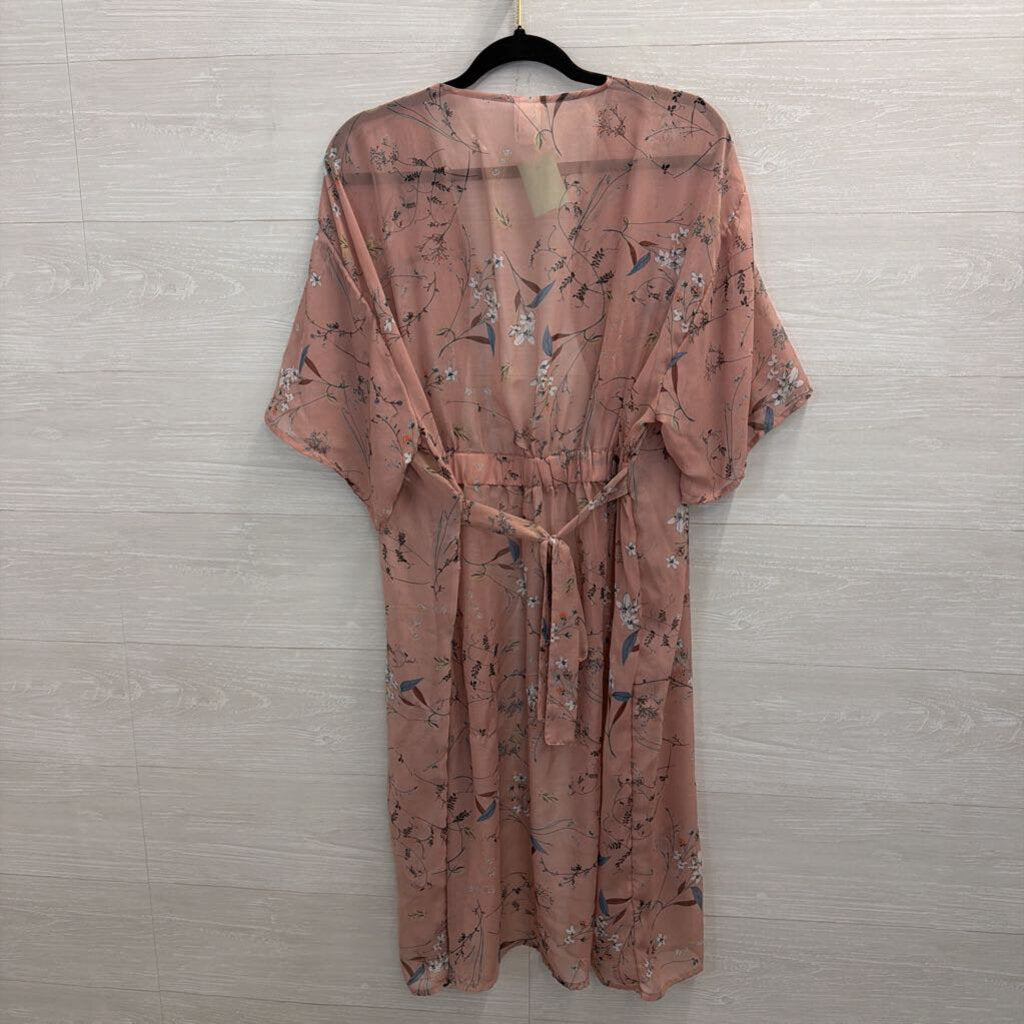 Pink/ Multi Floral Print Short Sleeve Kimono Top Small