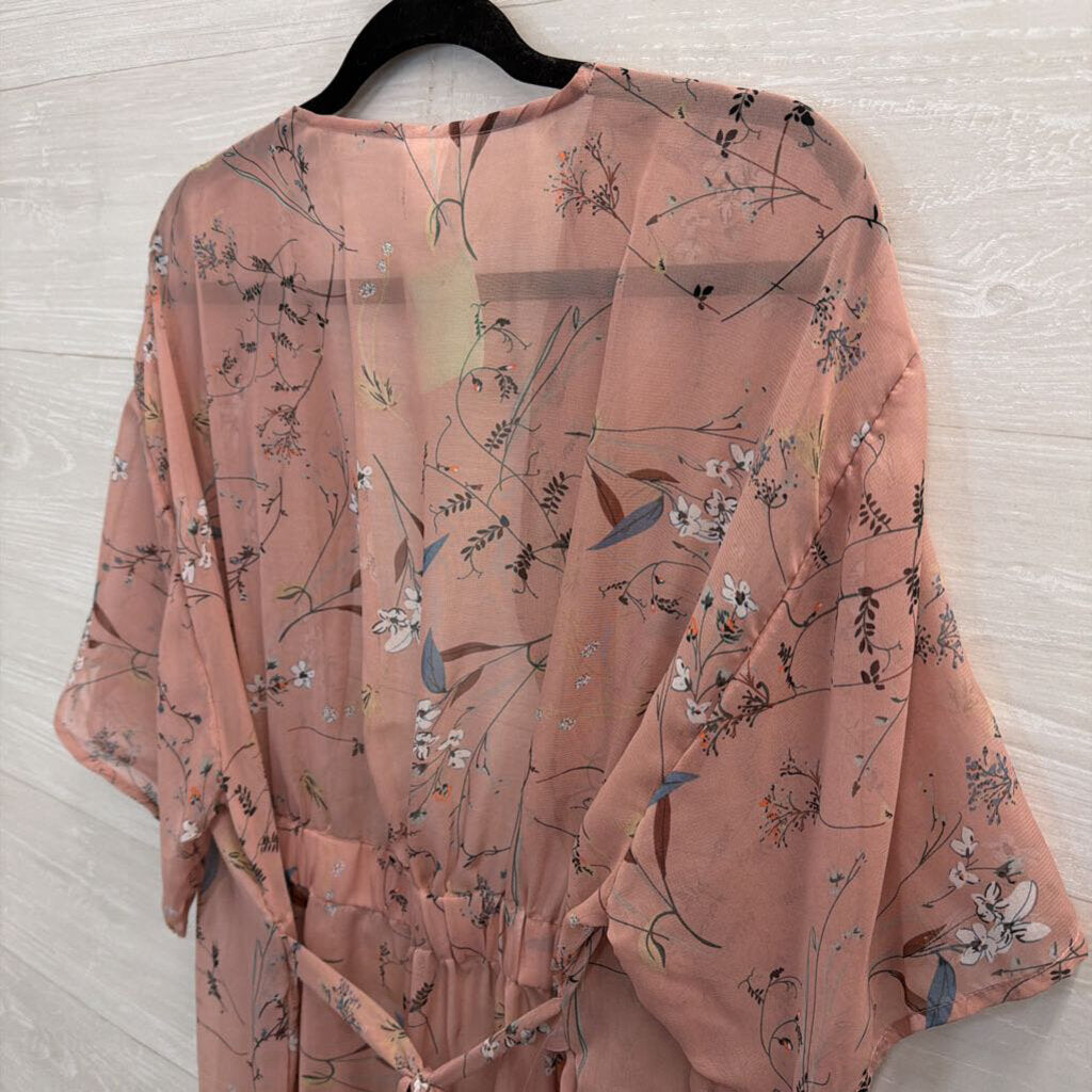 Pink/ Multi Floral Print Short Sleeve Kimono Top Small