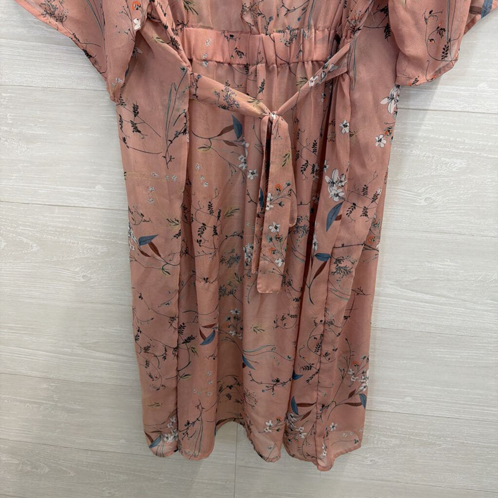 Pink/ Multi Floral Print Short Sleeve Kimono Top Small